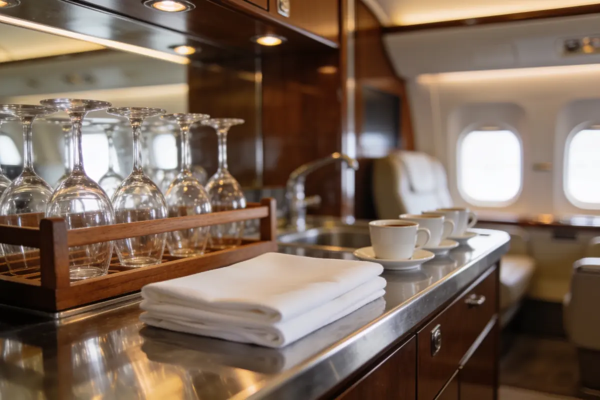 A spotless jet galley with polished glassware, folded linens and espresso cups.