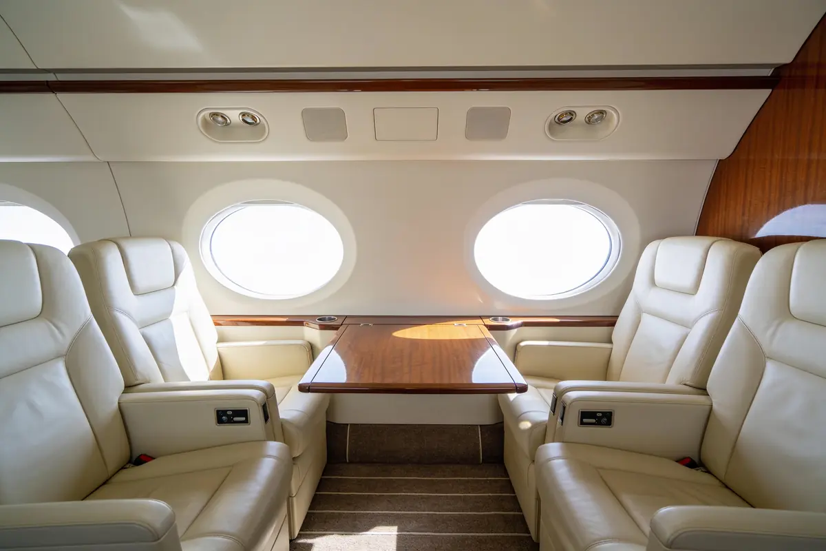 An empty private jet cabin with cream leather seats and polished veneer tables.